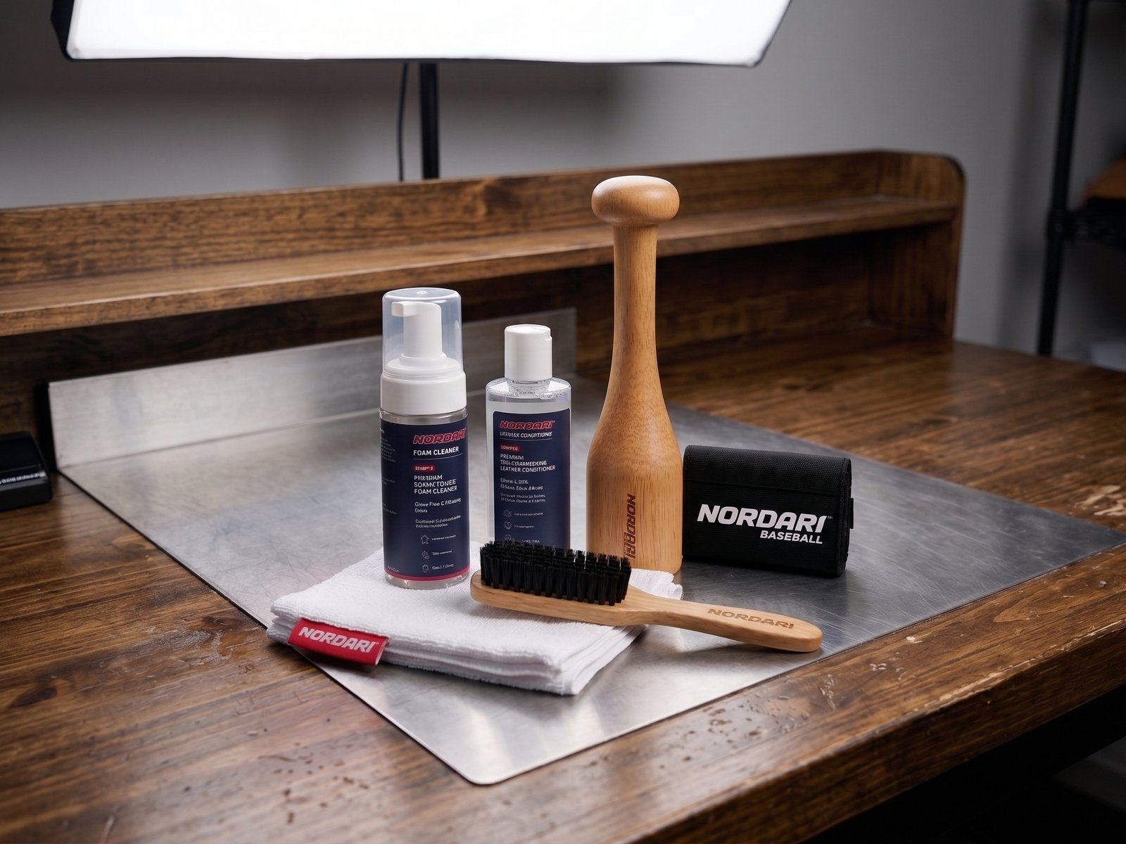 Nordari Baseball Glove Break-In Kit: foam cleaner, cream conditioner, hardwood mallet, glove wrap, brush and microfiber cloth