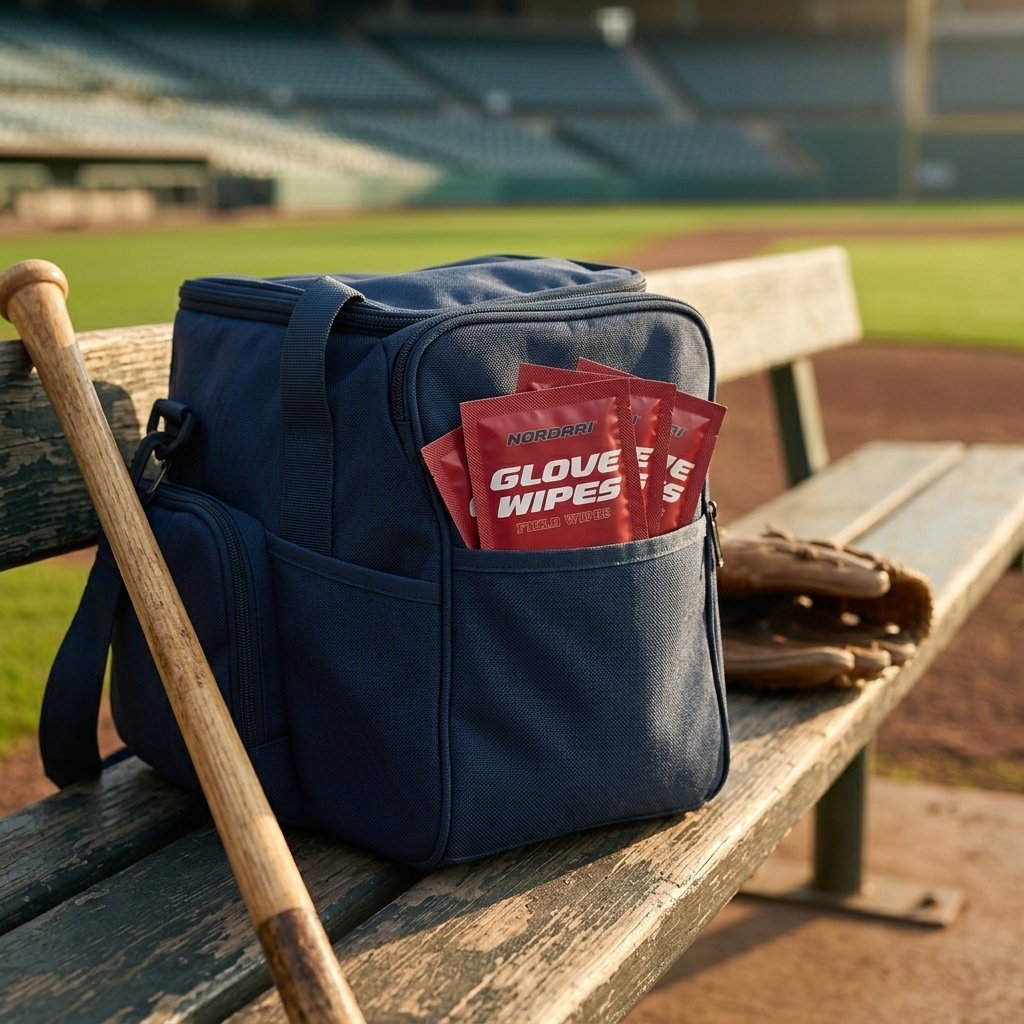Nordari gear bag with Glove Wipes packets tucked in the side pocket at the ballpark